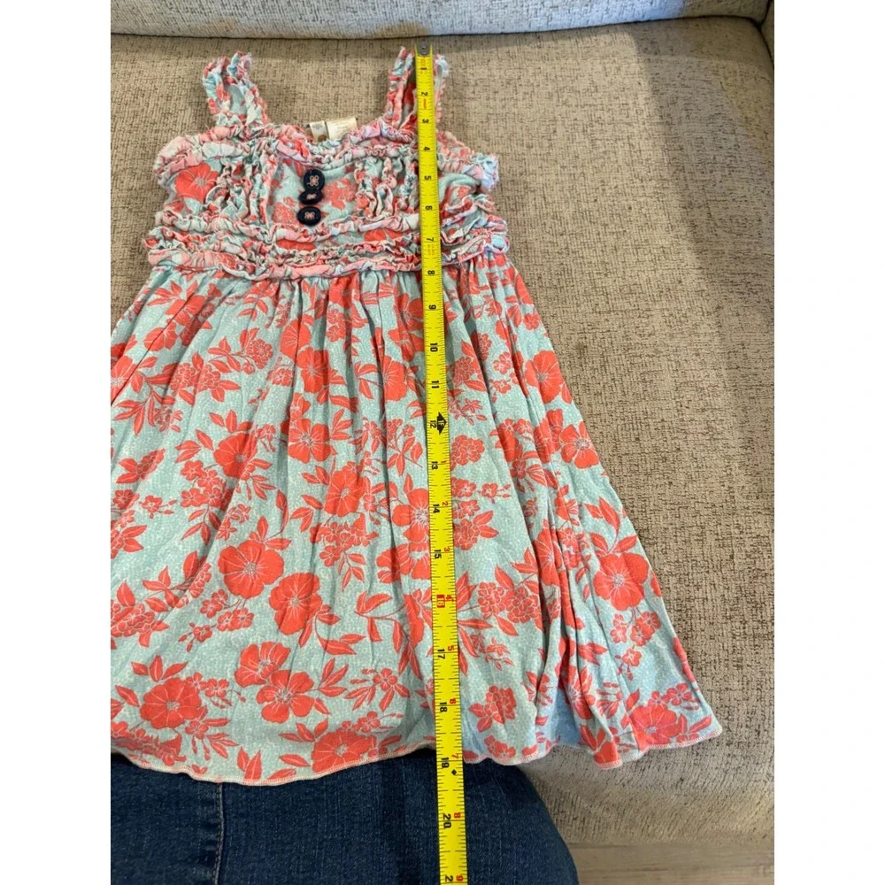 Matilda Jane Girls Coral Blue Floral Ruffle Dress Size 2 Sleeveless Knit Smocked